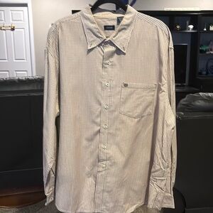 Izod long sleeve dress shirt tan and gray stripes or checkers.XXL